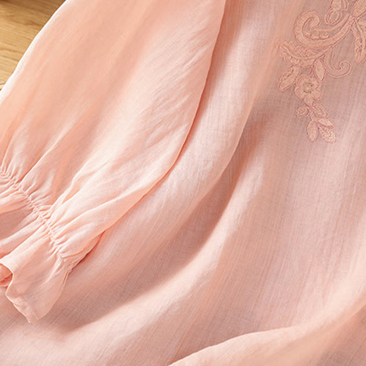 Chemise en coton pour femme, col ras du cou, manches trois-quarts, broderie de fleurs et de Buddha Stones - image 22