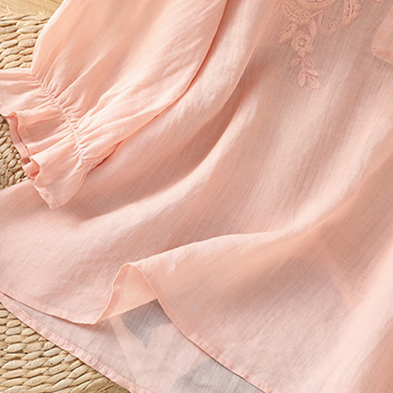 Chemise en coton pour femme, col ras du cou, manches trois-quarts, broderie de fleurs et de Buddha Stones - image 23