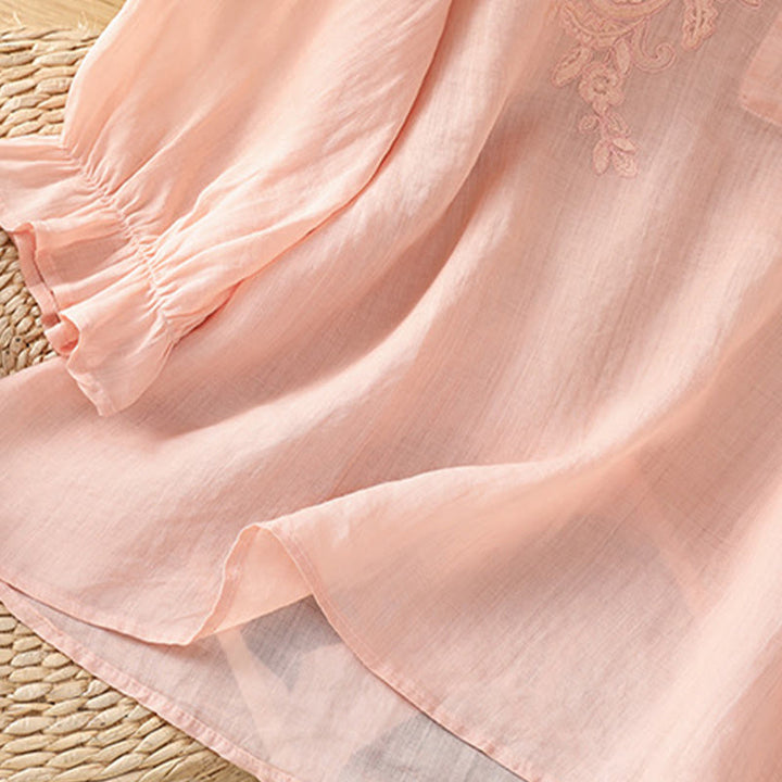 Chemise en coton pour femme, col ras du cou, manches trois-quarts, broderie de fleurs et de Buddha Stones - image 23