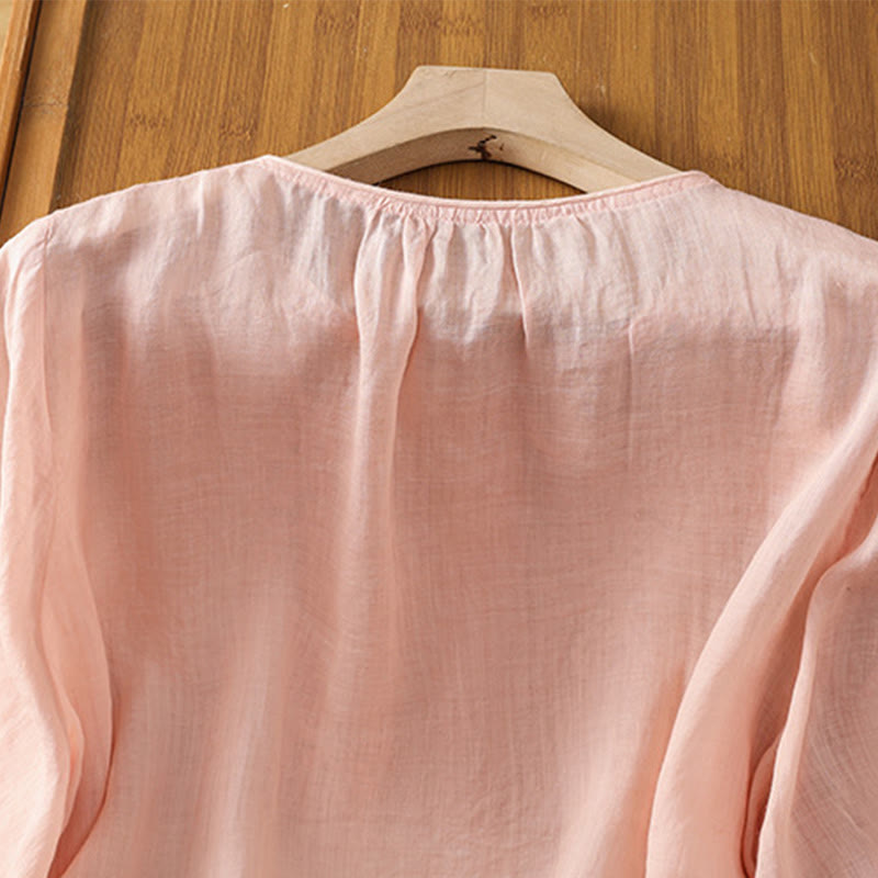 Chemise en coton pour femme, col ras du cou, manches trois-quarts, broderie de fleurs et de Buddha Stones - image 20