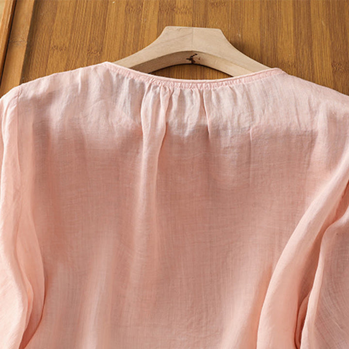 Chemise en coton pour femme, col ras du cou, manches trois-quarts, broderie de fleurs et de Buddha Stones - image 20