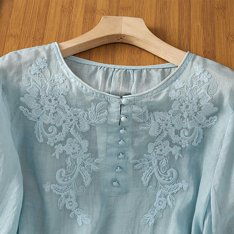 Chemise en coton pour femme, col ras du cou, manches trois-quarts, broderie de fleurs et de Buddha Stones - image 28