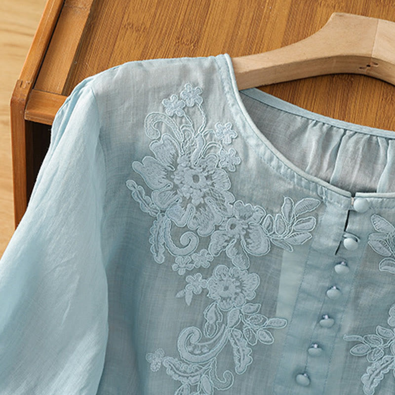 Chemise en coton pour femme, col ras du cou, manches trois-quarts, broderie de fleurs et de Buddha Stones - image 29