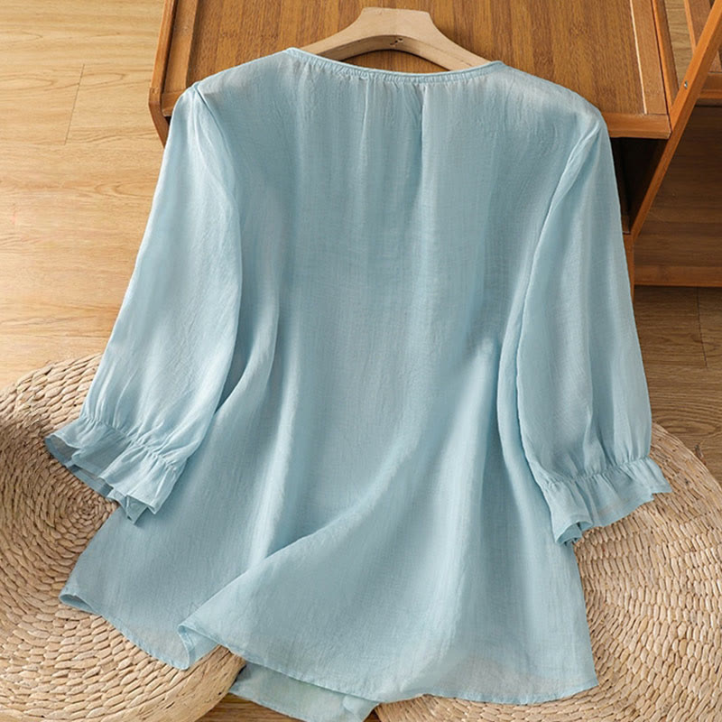 Chemise en coton pour femme, col ras du cou, manches trois-quarts, broderie de fleurs et de Buddha Stones - image 27