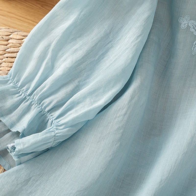 Chemise en coton pour femme, col ras du cou, manches trois-quarts, broderie de fleurs et de Buddha Stones - image 31