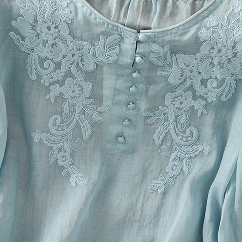 Chemise en coton pour femme, col ras du cou, manches trois-quarts, broderie de fleurs et de Buddha Stones - image 31