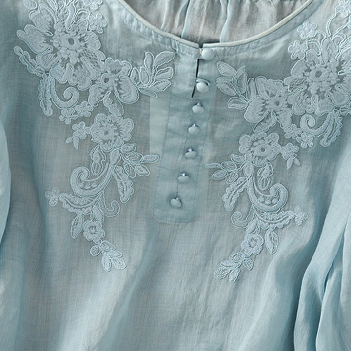 Chemise en coton pour femme, col ras du cou, manches trois-quarts, broderie de fleurs et de Buddha Stones - image 31