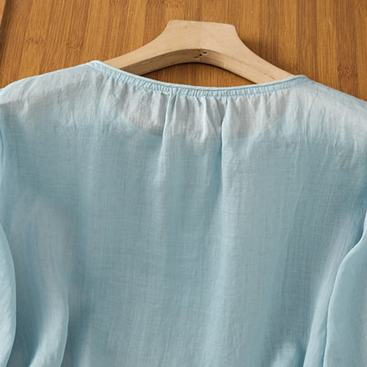 Chemise en coton pour femme, col ras du cou, manches trois-quarts, broderie de fleurs et de Buddha Stones - image 28