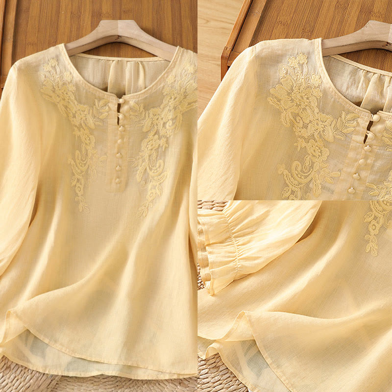 Chemise en coton pour femme, col ras du cou, manches trois-quarts, broderie de fleurs et de Buddha Stones - image 4