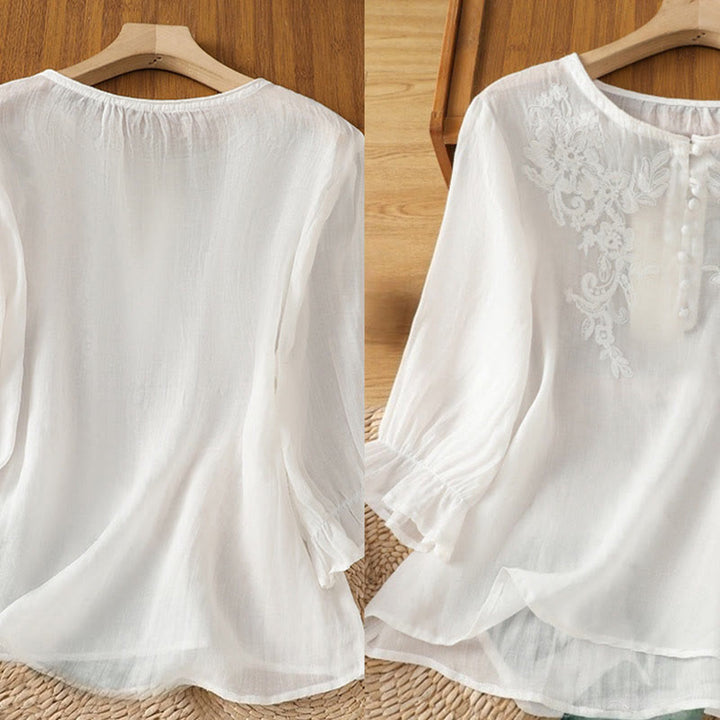 Chemise en coton pour femme, col ras du cou, manches trois-quarts, broderie de fleurs et de Buddha Stones - image 17