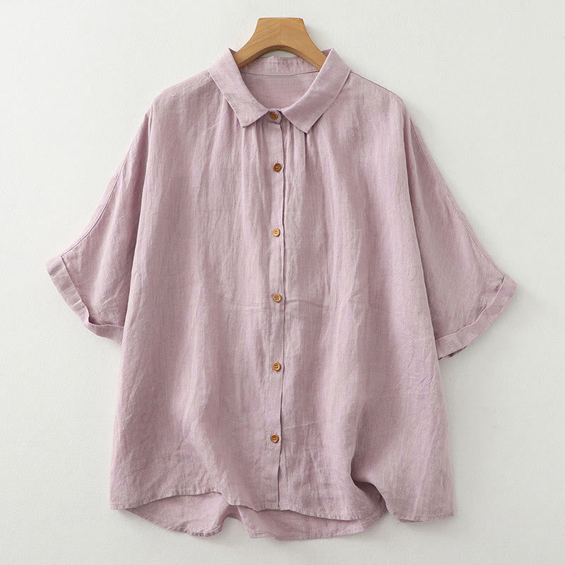 Chemise décontractée à manches mi-longues en coton et lin pour femme avec boutons unis et motif Buddha Stones - Chardon - US12，UK/AU16，EU44 (2XL) - image 2