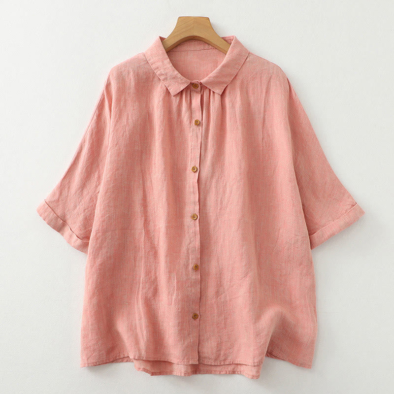 Chemise décontractée à manches mi-longues en coton et lin pour femme avec boutons unis et motif Buddha Stones - Saumon - US12，UK/AU16，EU44 (2XL) - image 9