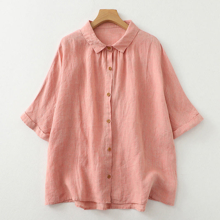 Chemise décontractée à manches mi-longues en coton et lin pour femme avec boutons unis et motif Buddha Stones - Saumon - US12，UK/AU16，EU44 (2XL) - image 9