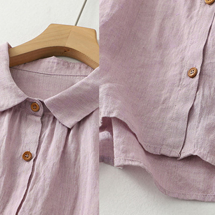 Chemise décontractée à manches mi-longues en coton et lin pour femme avec boutons unis et motif Buddha Stones - image 7