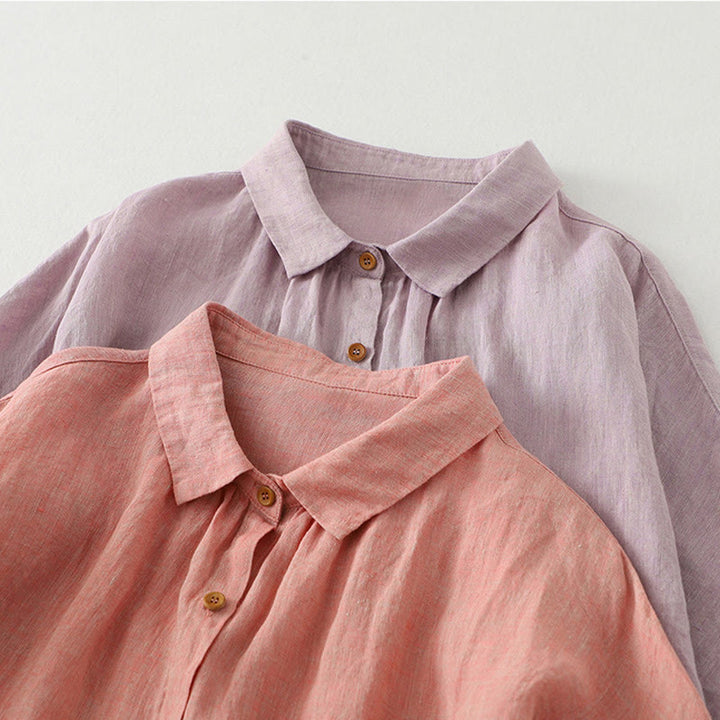 Chemise décontractée à manches mi-longues en coton et lin pour femme avec boutons unis et motif Buddha Stones - image 19