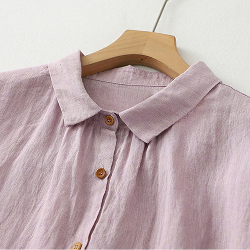 Chemise décontractée à manches mi-longues en coton et lin pour femme avec boutons unis et motif Buddha Stones - image 3