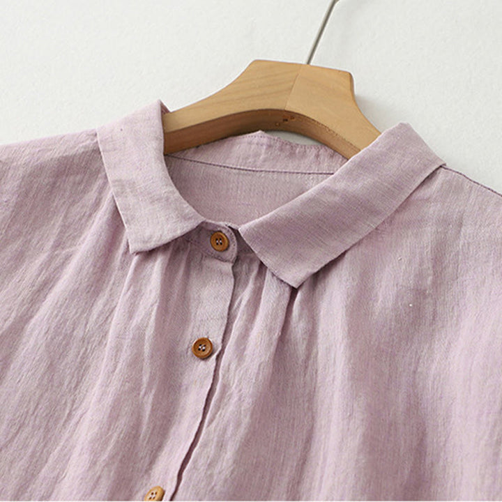 Chemise décontractée à manches mi-longues en coton et lin pour femme avec boutons unis et motif Buddha Stones - image 3