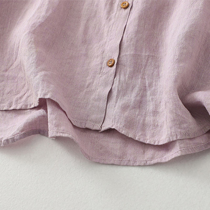 Chemise décontractée à manches mi-longues en coton et lin pour femme avec boutons unis et motif Buddha Stones - image 5