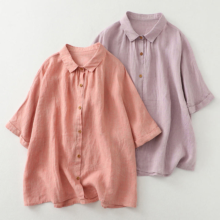 Chemise décontractée à manches mi-longues en coton et lin pour femme avec boutons unis et motif Buddha Stones - image 1