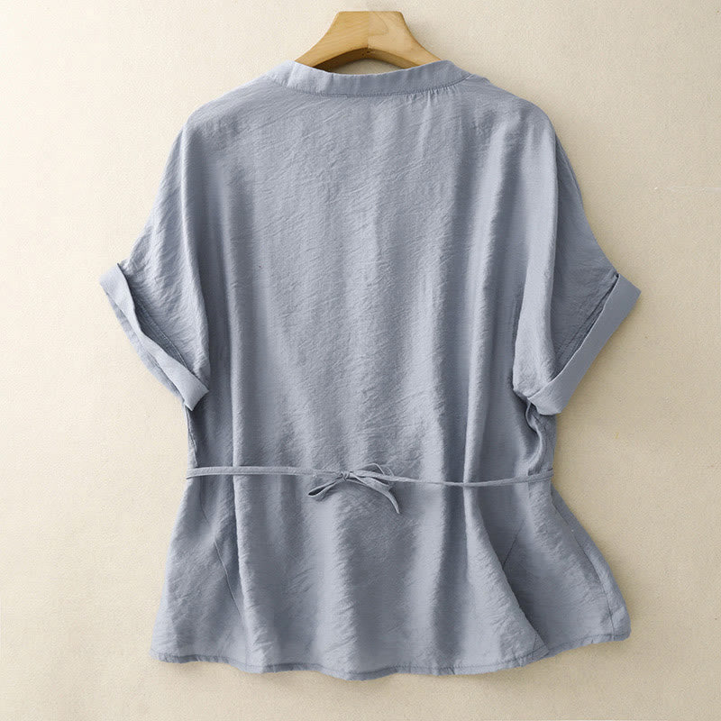 Chemise d'été en coton à manches courtes et lacets Buddha Stones pour femme - image 2