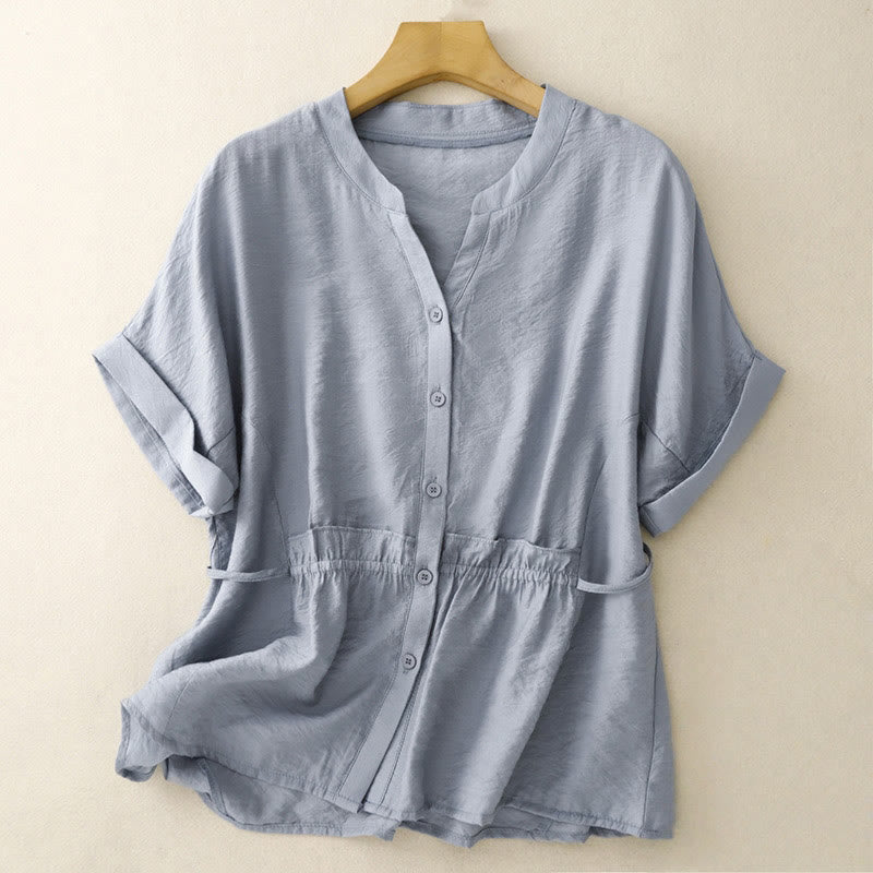 Chemise d'été en coton à manches courtes et lacets Buddha Stones pour femme - Bleu clair - US8-10，UK/AU12-14，EU40-42 (2XL) - image 1