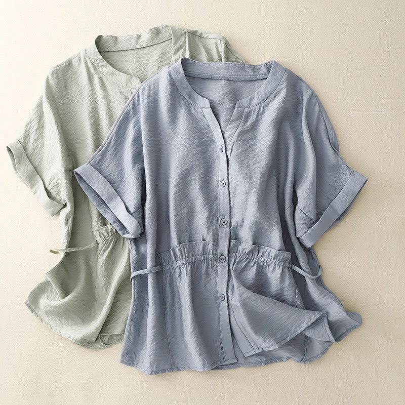 Chemise d'été en coton à manches courtes et lacets Buddha Stones pour femme - image 9