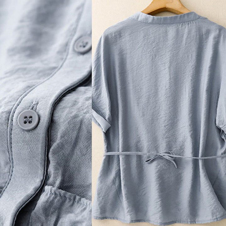 Chemise d'été en coton à manches courtes et lacets Buddha Stones pour femme - image 2