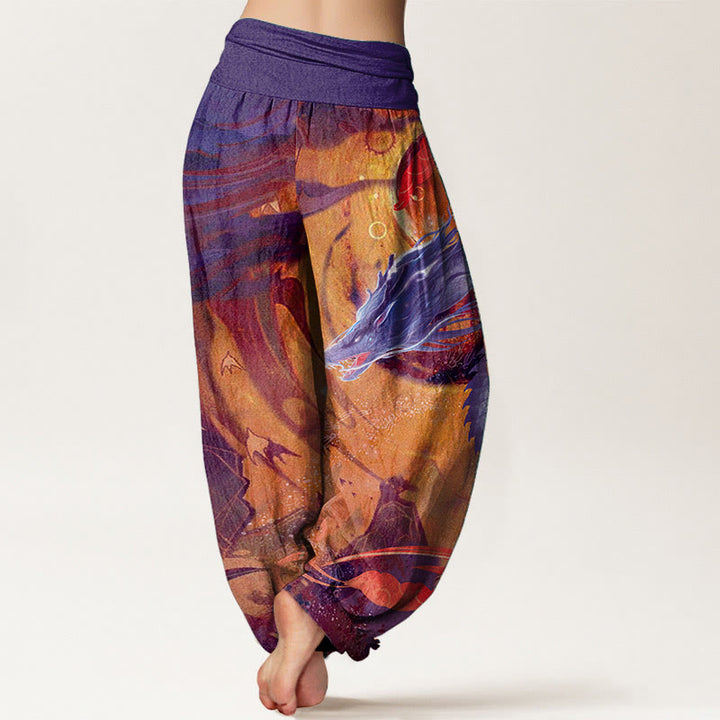 Pantalon sarouel à taille élastique pour femme, motif dragon et nuages de bon augure, en pur coton, Buddha Stones