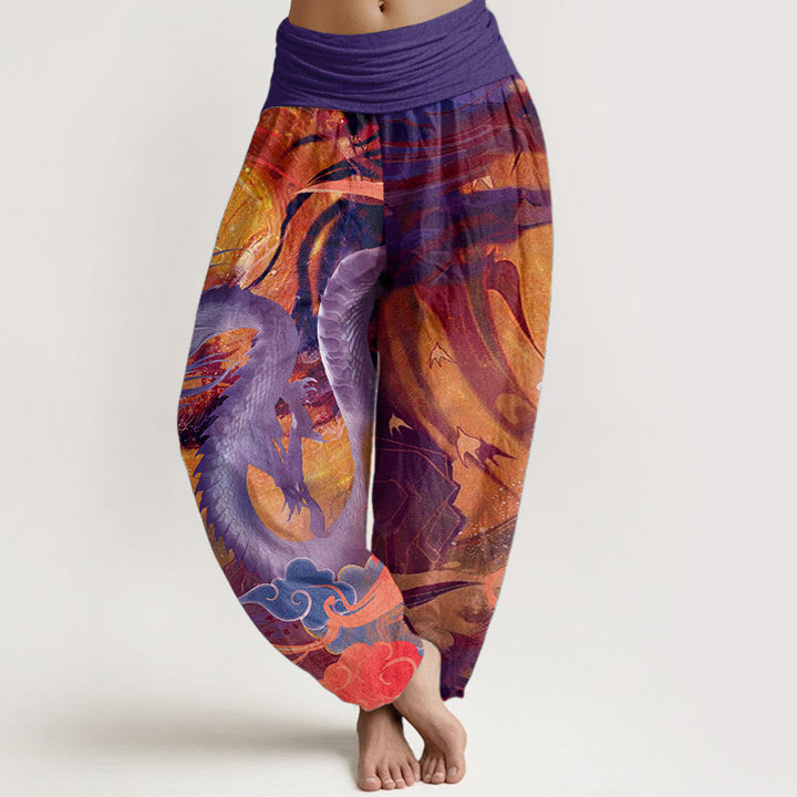 Pantalon sarouel à taille élastique pour femme, motif dragon et nuages de bon augure, en pur coton, Buddha Stones
