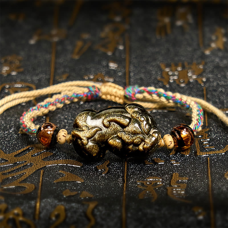 Bracelet de richesse PiXiu en obsidienne dorée et Buddha Stones - PiXiu (tour de poignet : 14-26 cm) - image 1