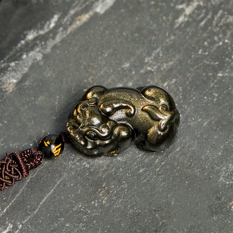 Collier avec pendentif en corde de richesse PiXiu en obsidienne dorée et brillante de Buddha Stones - image 3