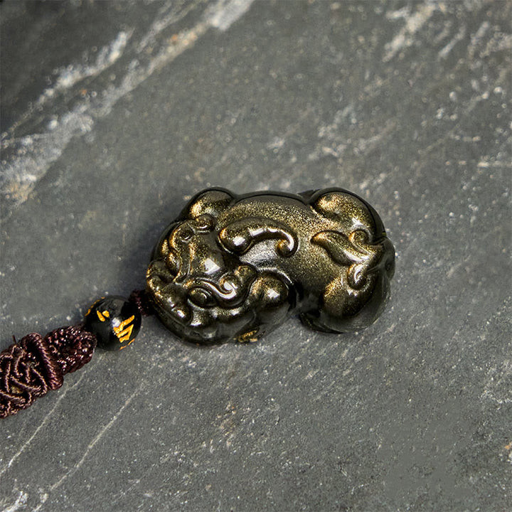 Collier avec pendentif en corde de richesse PiXiu en obsidienne dorée et brillante de Buddha Stones - image 3