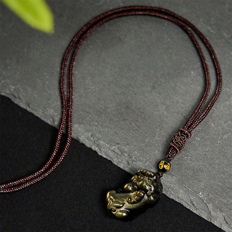 Collier avec pendentif en corde de richesse PiXiu en obsidienne dorée et brillante de Buddha Stones - image 4