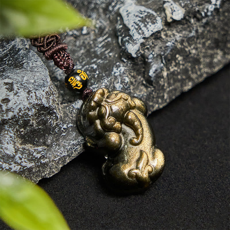 Collier avec pendentif en corde de richesse PiXiu en obsidienne dorée et brillante de Buddha Stones - Collier PiXiu - image 1