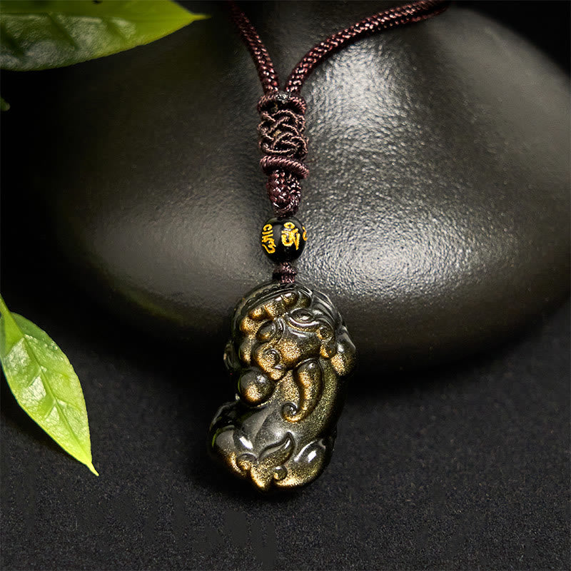 Collier avec pendentif en corde de richesse PiXiu en obsidienne dorée et brillante de Buddha Stones - image 2
