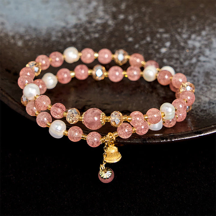 Bracelet double tour de guérison en perles de quartz fraise naturelles Buddha Stones