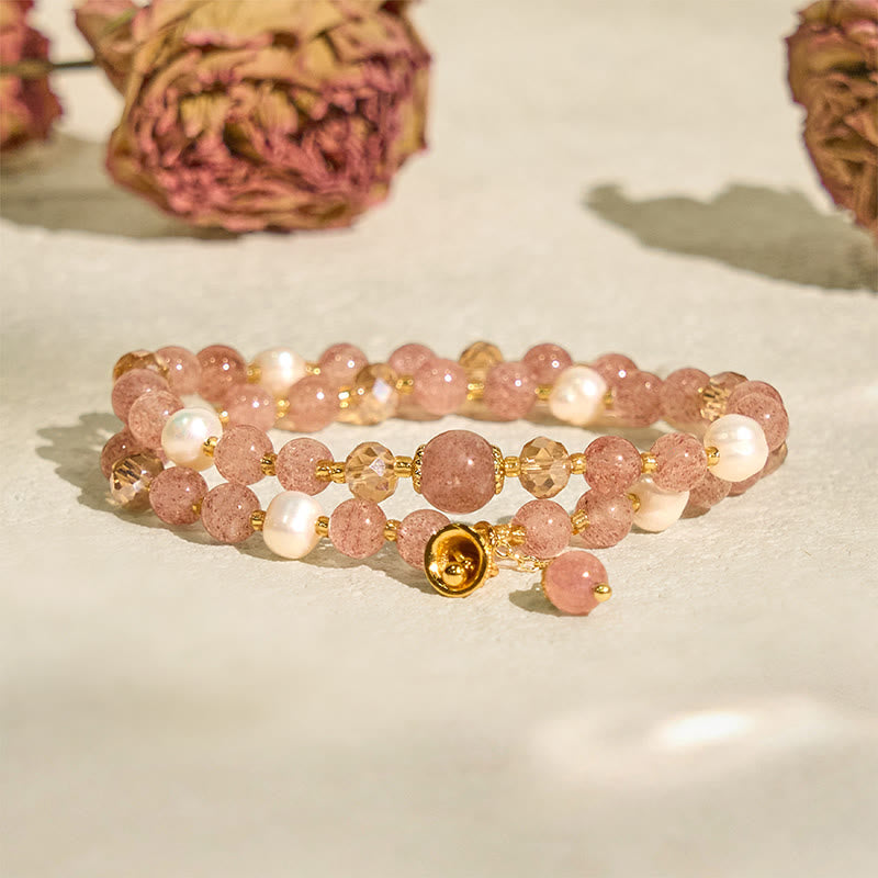 Bracelet double tour de guérison en perles de quartz fraise naturelles Buddha Stones