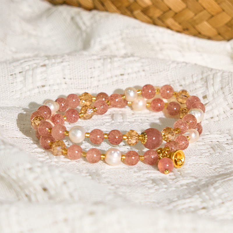 Bracelet double tour de guérison en perles de quartz fraise naturelles Buddha Stones