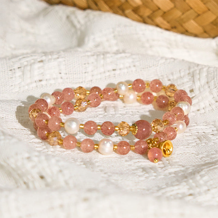 Bracelet double tour de guérison en perles de quartz fraise naturelles Buddha Stones
