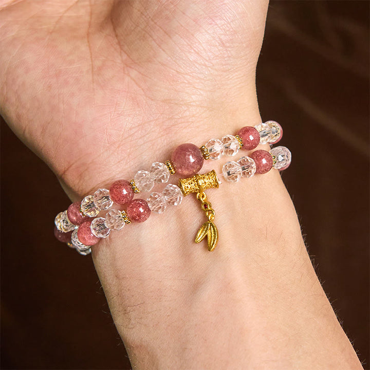Bracelet double tour en bambou et cristal de quartz fraise naturel Buddha Stones