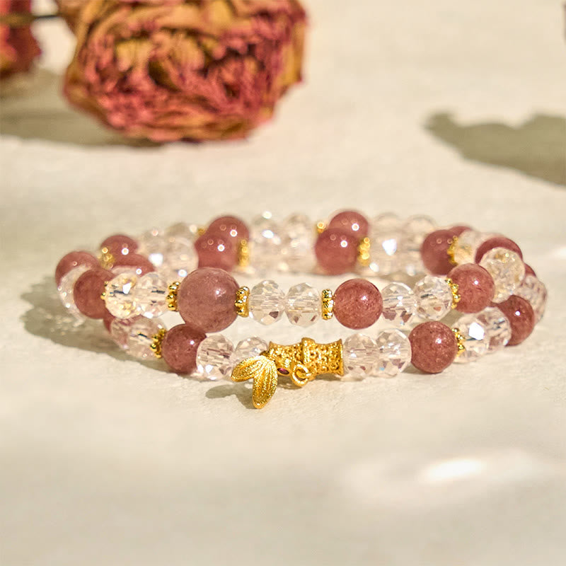 Bracelet double tour en bambou et cristal de quartz fraise naturel Buddha Stones