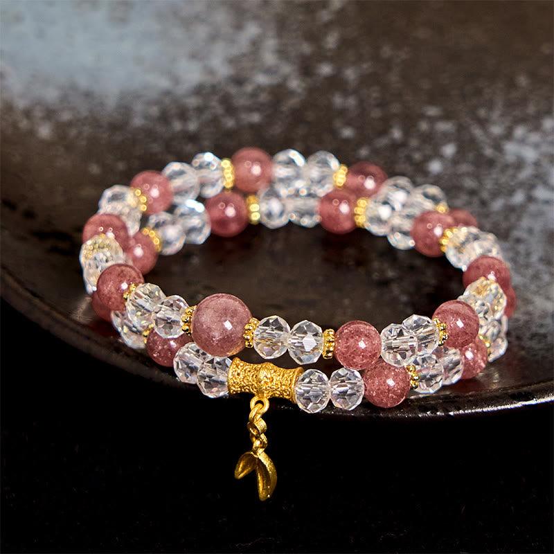 Bracelet double tour en bambou et cristal de quartz fraise naturel Buddha Stones