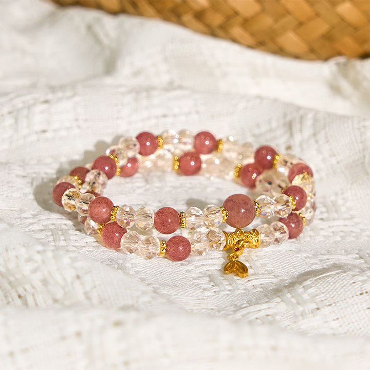 Bracelet double tour en bambou et cristal de quartz fraise naturel Buddha Stones