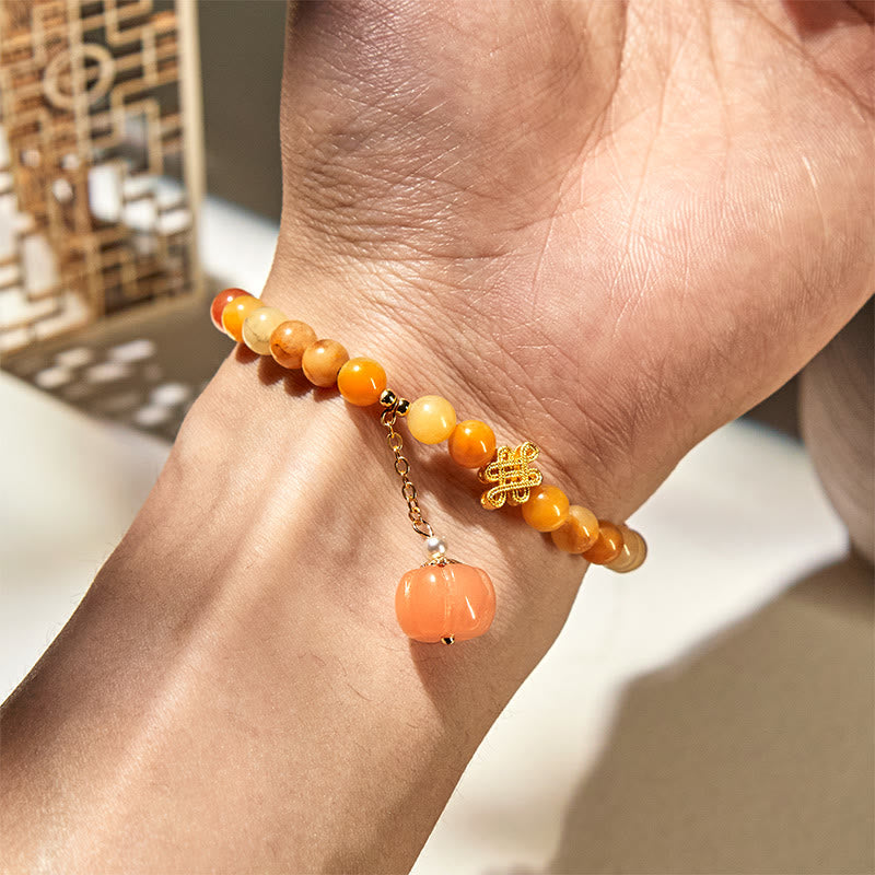 Bracelet de richesse en jade et soie dorée, motif citrouille chinoise nouée, Buddha Stones