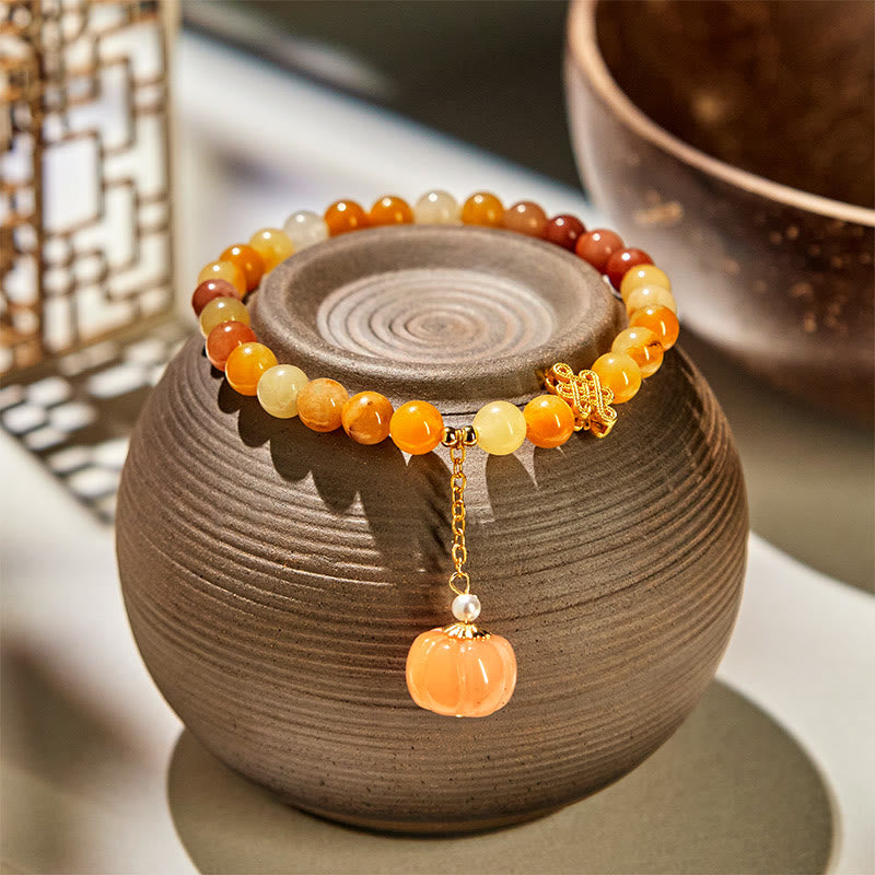 Bracelet de richesse en jade et soie dorée, motif citrouille chinoise nouée, Buddha Stones
