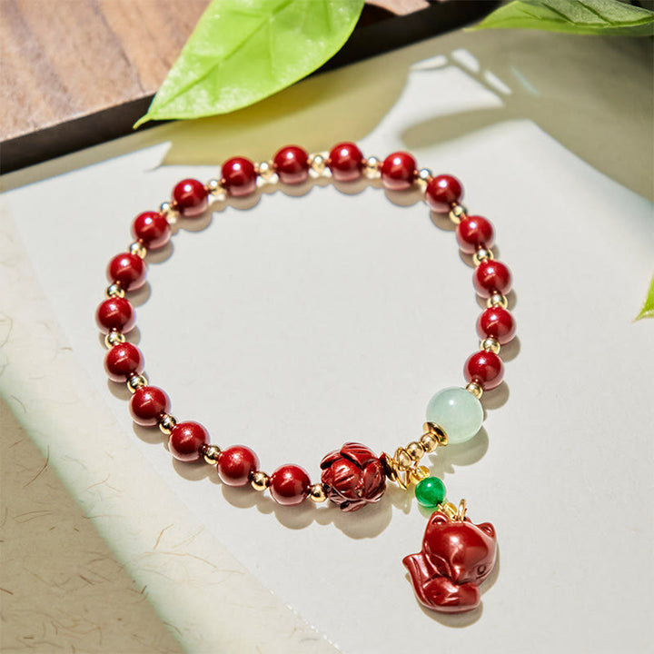 Bracelet de bénédiction avec breloque renard mignon et Buddha Stones, lotus cinabre