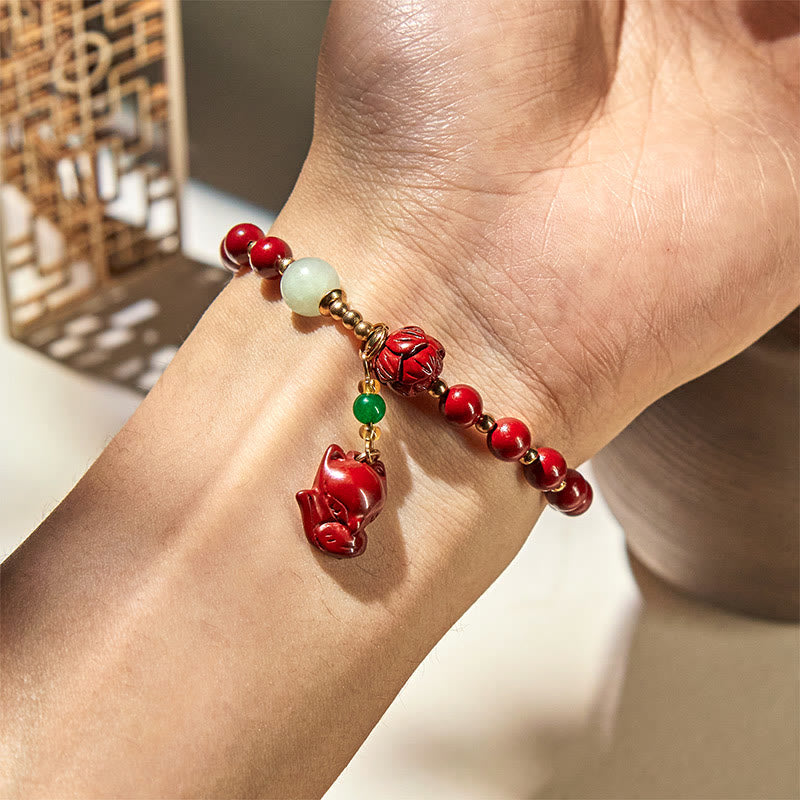 Bracelet de bénédiction avec breloque renard mignon et Buddha Stones, lotus cinabre