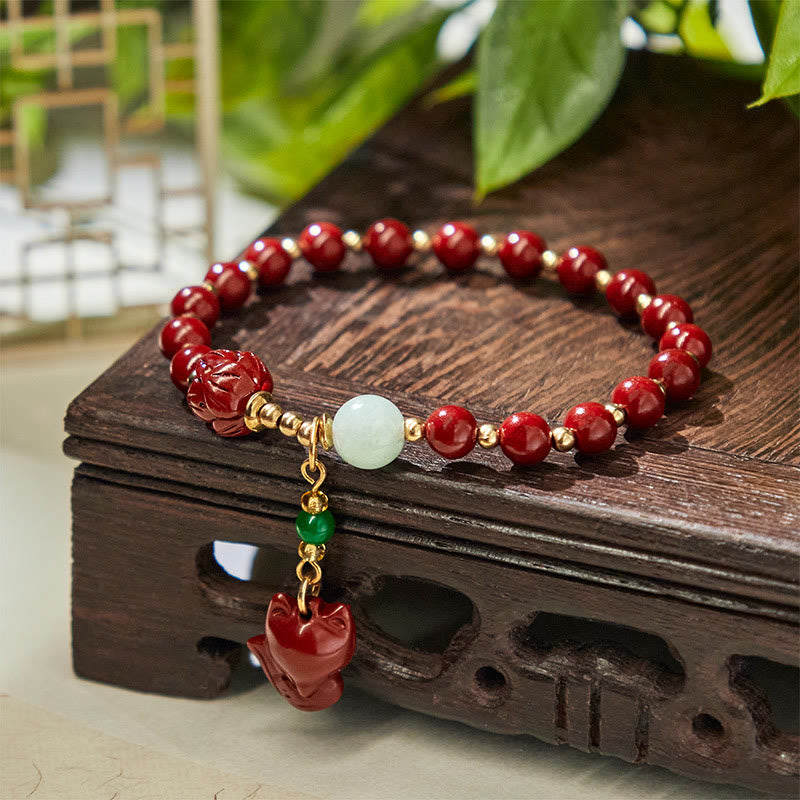 Bracelet de bénédiction avec breloque renard mignon et Buddha Stones, lotus cinabre