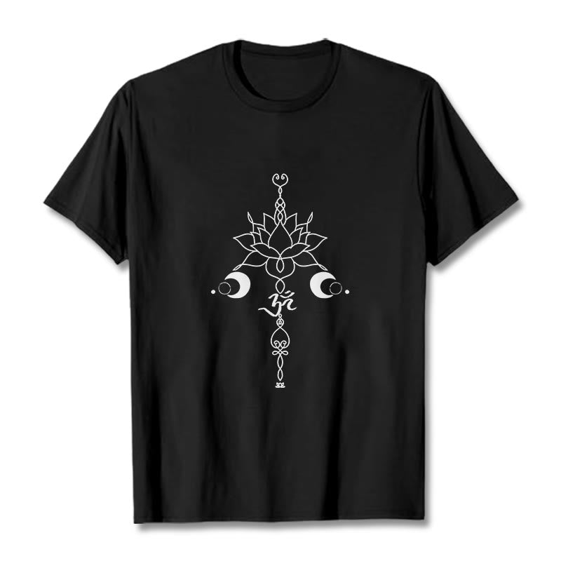 T-shirt uni avec motif de fleur de lotus et de Buddha Stones et symbole Om - Noir - 2XL - image 1