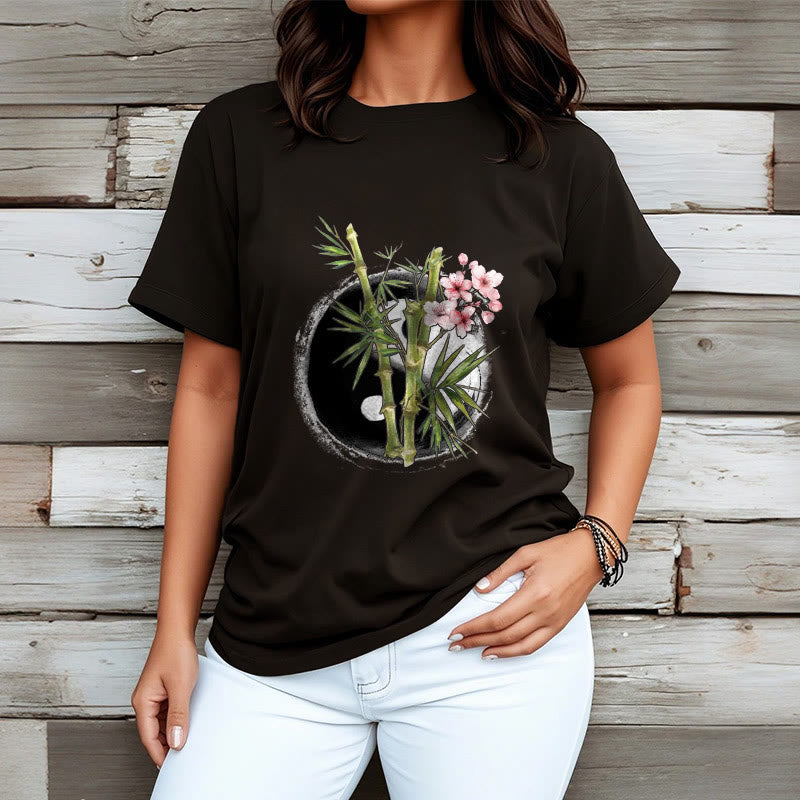 T-shirt à motif Buddha Stones, Yin et Yang, bambou et fleurs de pêcher - image 4